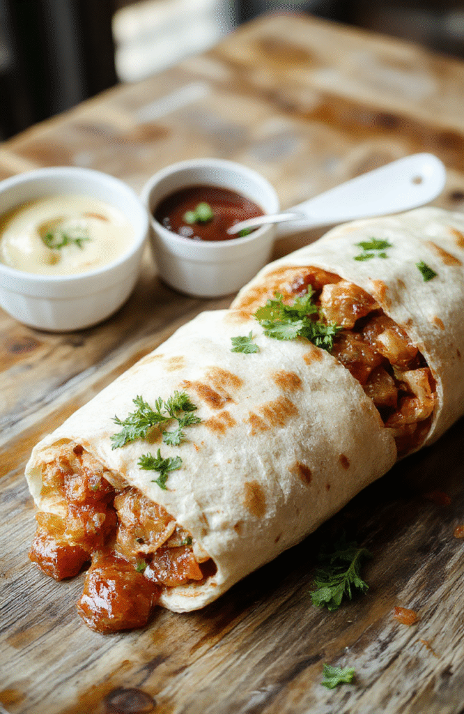 A vibrant plate featuring crispy bacon, fresh green lettuce, ripe red tomatoes, wrapped in soft flour tortillas. The wraps are sliced in half revealing juicy fillings, styled on a rustic wooden table with scattered ingredients, glossy and inviting with colorful textures.