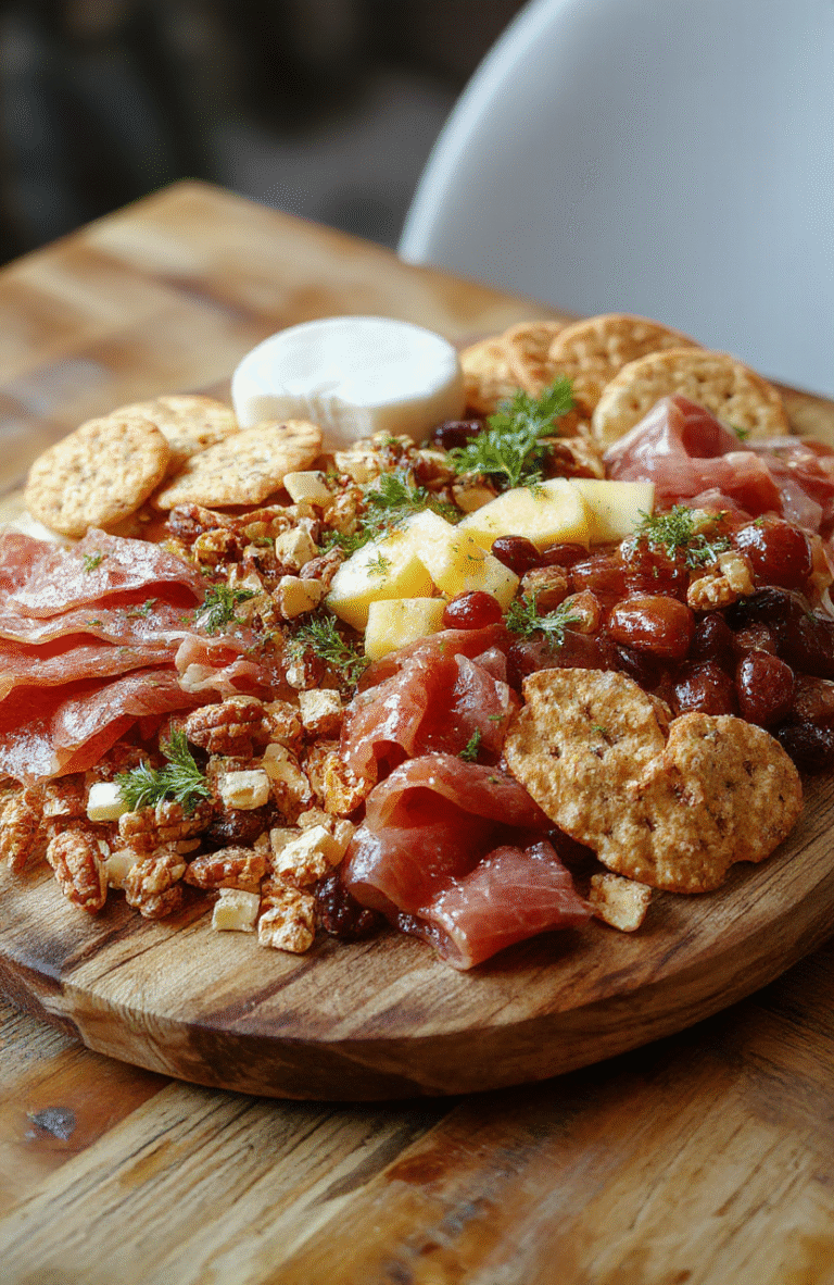 A vibrant charcuterie board featuring an assortment of sliced cured meats, assorted cheeses, fresh fruits, nuts, and artisan crackers, artistically arranged on a rustic wooden serving platter with colorful garnishes, capturing a tempting, rustic, and inviting presentation.