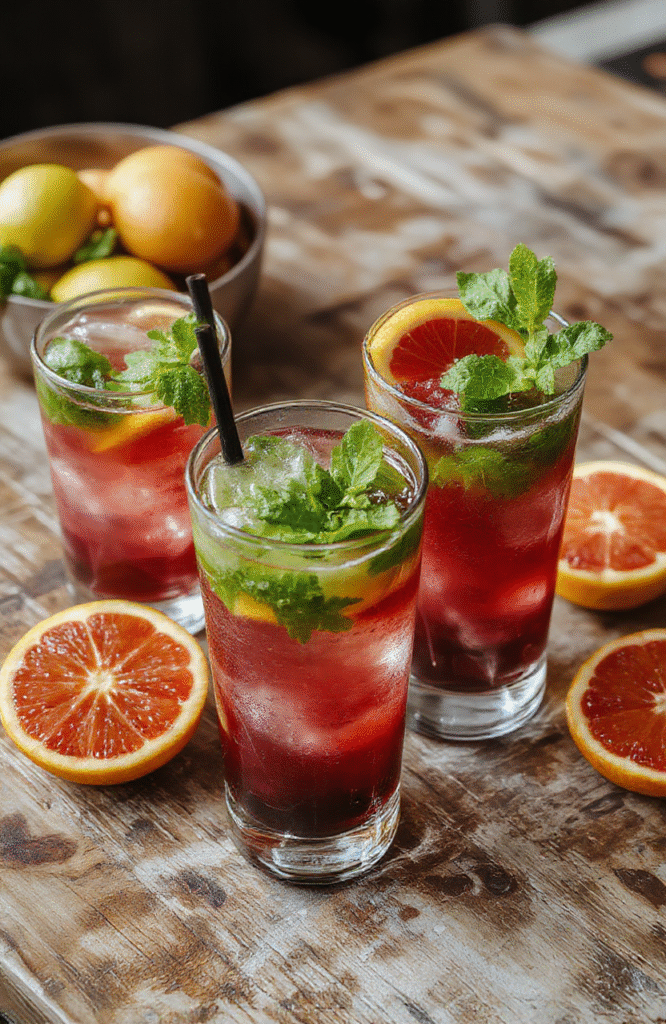 A vibrant glass of blood orange mojito with fresh mint leaves, blood orange slices, and crushed ice. The drink is garnished with a sprig of mint and a blood orange wedge, sitting on a rustic wooden table with a blurry background of a party setting. The colorful ingredients contrast beautifully with the clear glass and shimmering ice, creating a lively and refreshing visual.