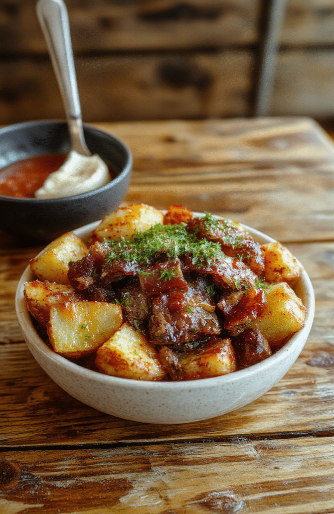 A rustic plate featuring golden roasted potatoes topped with crispy bacon strips and tender beef pieces, garnished with fresh herbs, styled on a wooden serving board with a sprig of rosemary, vibrant colors, and crispy textures highlighted.