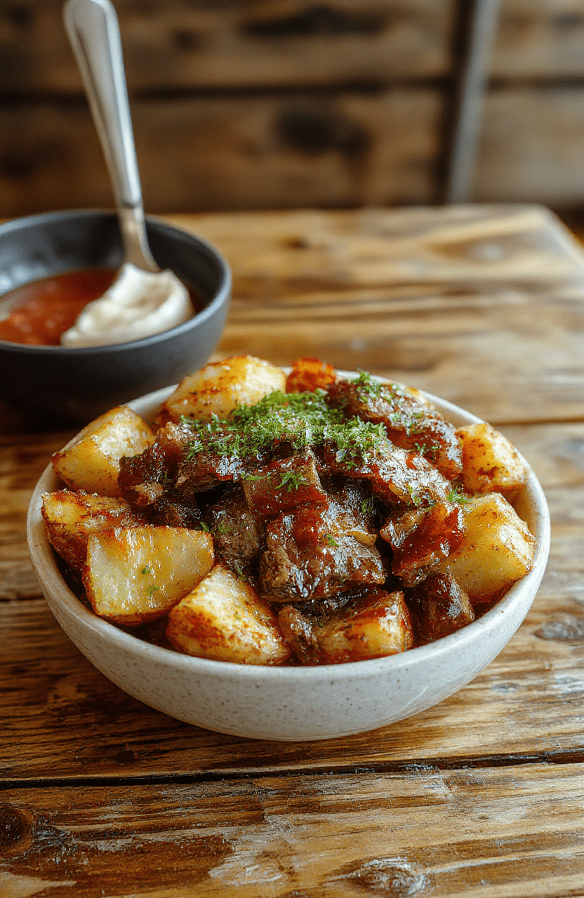 A rustic plate featuring golden roasted potatoes topped with crispy bacon strips and tender beef pieces, garnished with fresh herbs, styled on a wooden serving board with a sprig of rosemary, vibrant colors, and crispy textures highlighted.