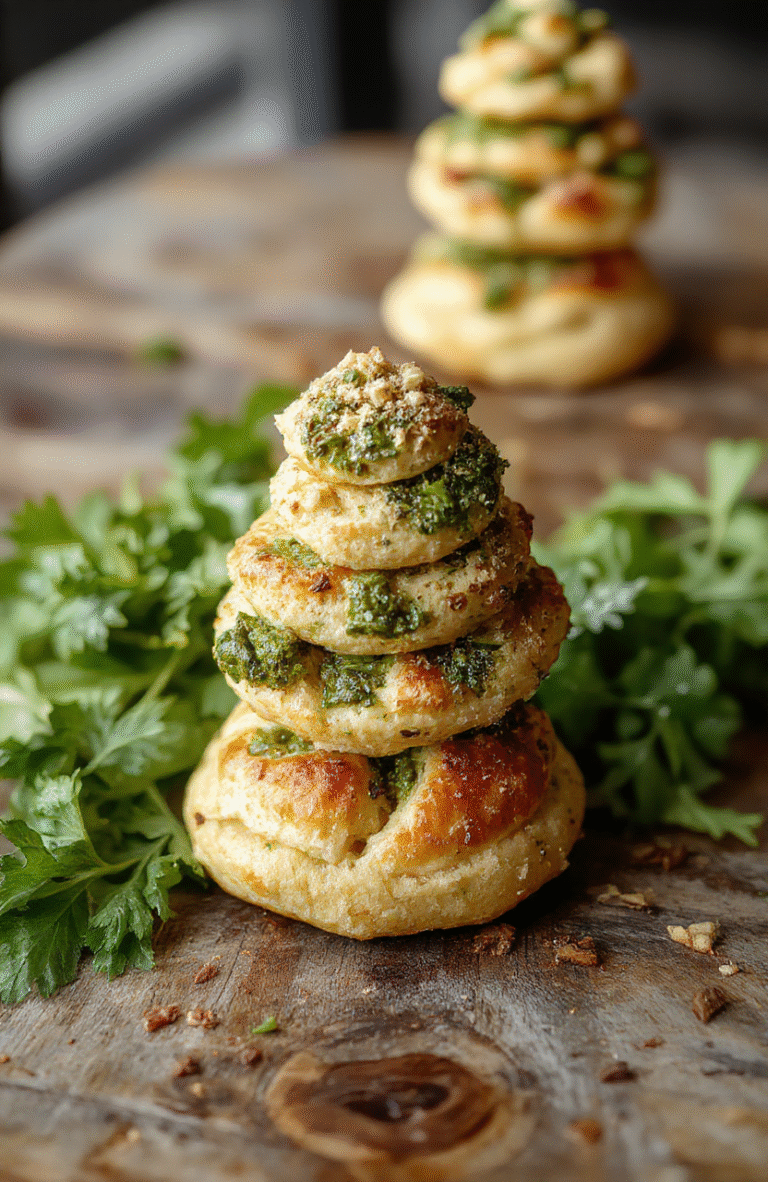 A golden-brown puff pastry tree decorated with vibrant green basil pesto, cherry tomato accents, and freshly grated Parmesan, presented on a rustic wooden board with a rustic, cozy kitchen background