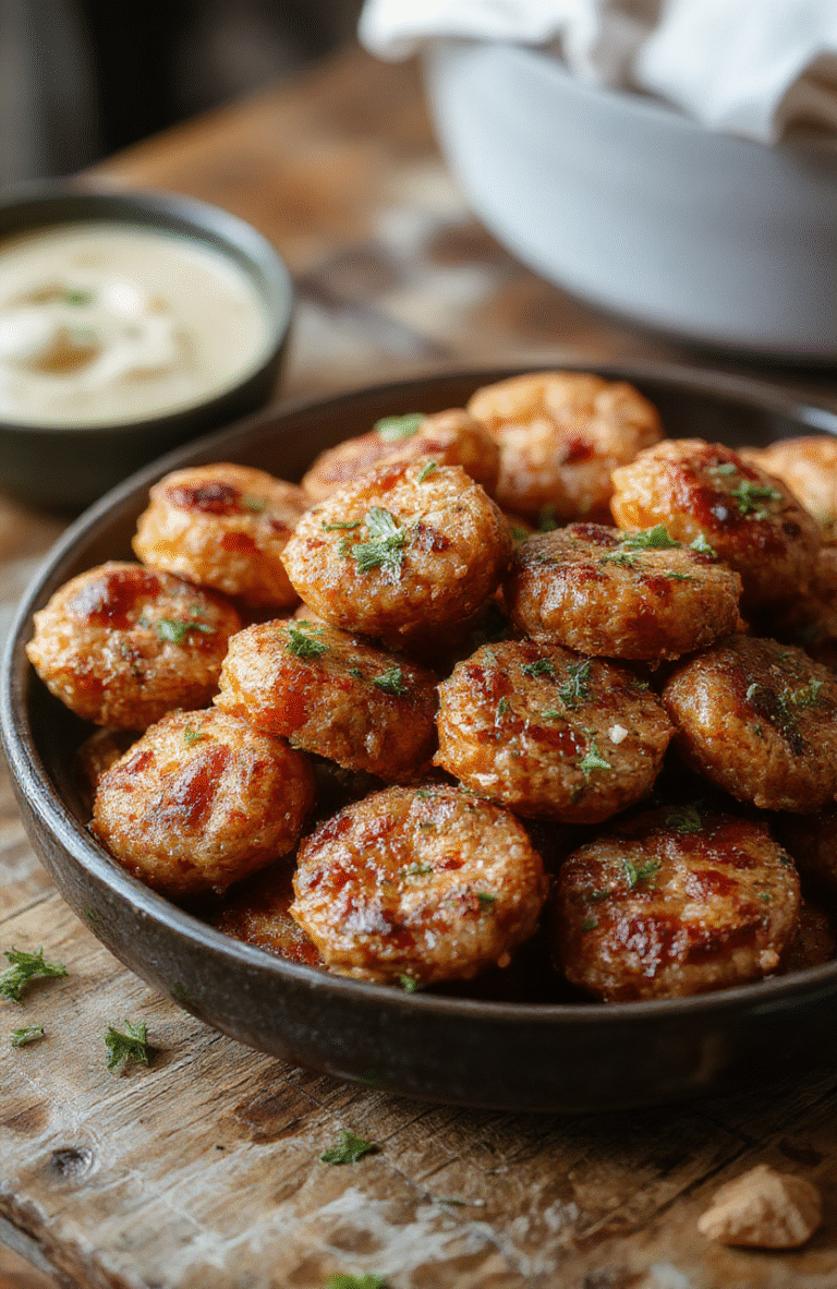 Bright golden brown sausage bites arranged on a white plate, garnished with fresh herbs, with a crispy exterior and moist interior, stylishly plated with a rustic backdrop and soft natural lighting.