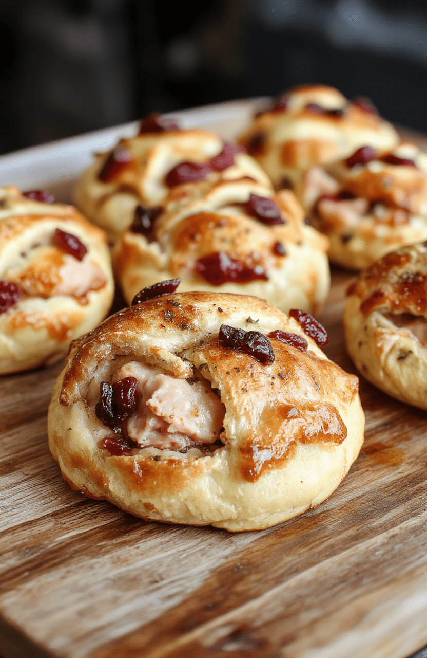 A golden-brown crescent ring filled with savory turkey, vibrant cranberry sauce, and melted cheese, arranged on a rustic wooden table with fresh herbs and a drizzle of cranberry glaze, styled for a cozy holiday gathering.