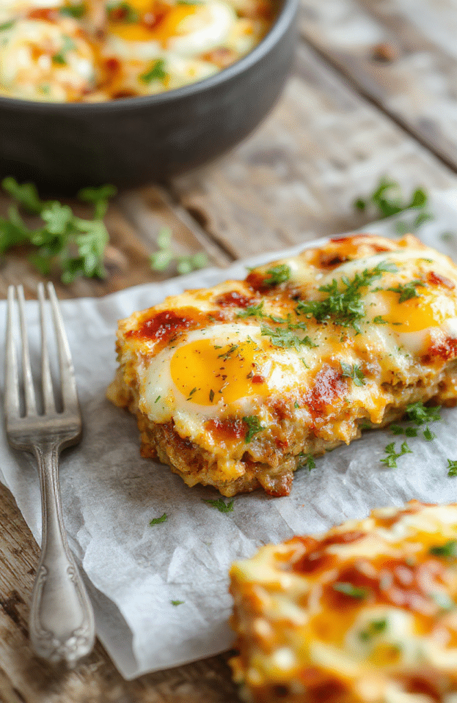 A vibrant, golden-brown sausage egg casserole sliced on a rustic wooden board, topped with fresh herbs. The dish shows a cheesy, fluffy texture with visible bits of sausage and vegetables, styled with a fork and a small bowl of fresh fruit in the background.