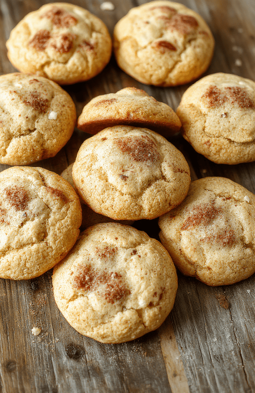 A plate of soft and chewy snickerdoodles coated in cinnamon sugar, arranged in a casual stack on a rustic wooden surface with a hint of cinnamon sprinkled around, warm tones with a cozy vibe.