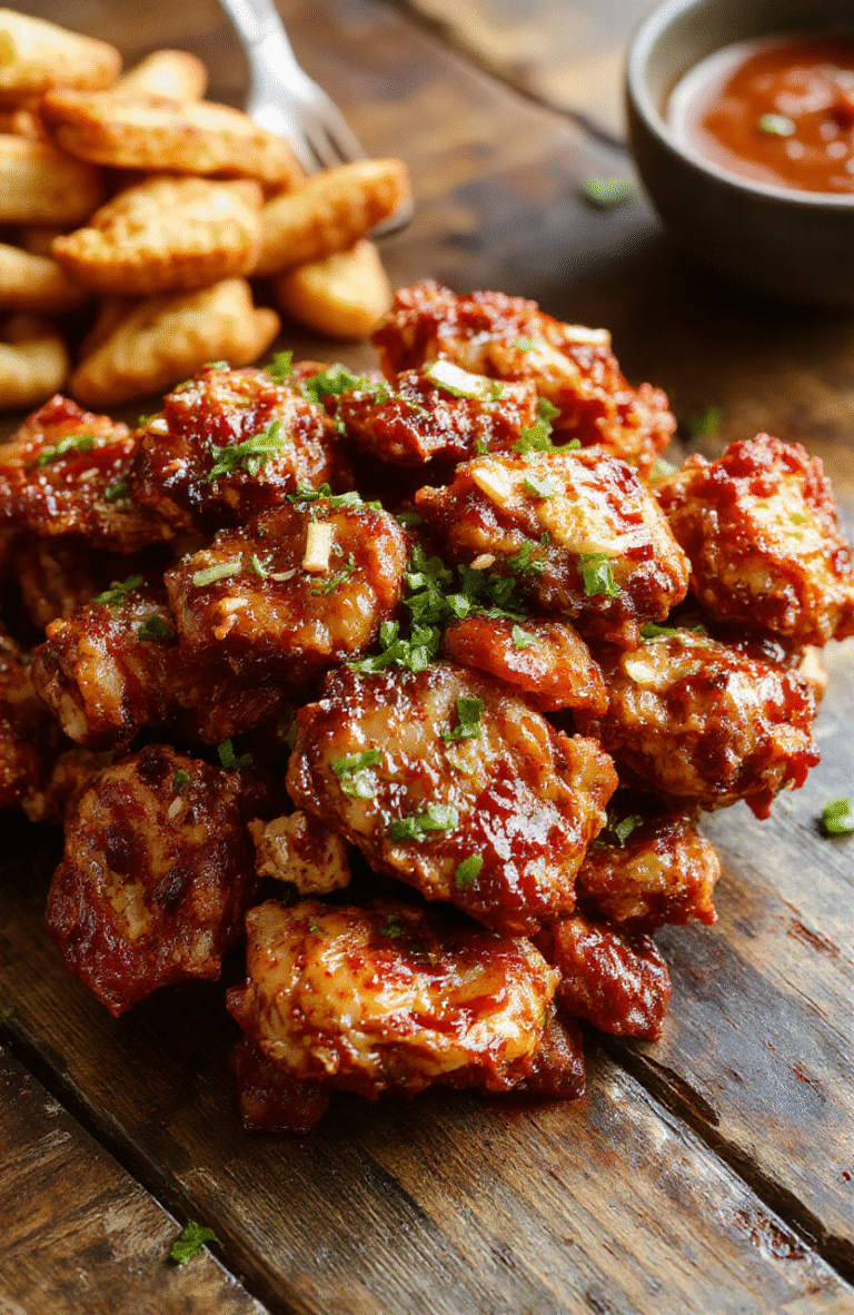 A vibrant plate of spicy firecracker chicken featuring crispy golden-brown chicken coated in a glossy, fiery red sauce with flecks of chili and sesame seeds, garnished with green scallions, presented on a rustic wooden table with a vibrant, appetizing appearance.