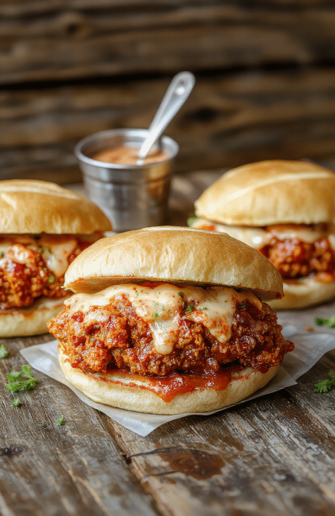 A vibrant spicy Nashville hot chicken sandwich with crispy golden chicken coated in spicy red sauce, topped with crisp pickles and fresh lettuce, served on a toasted bun with a glossy sheen, styled on a rustic wooden board with a hint of red pepper flakes around for a fiery appeal.