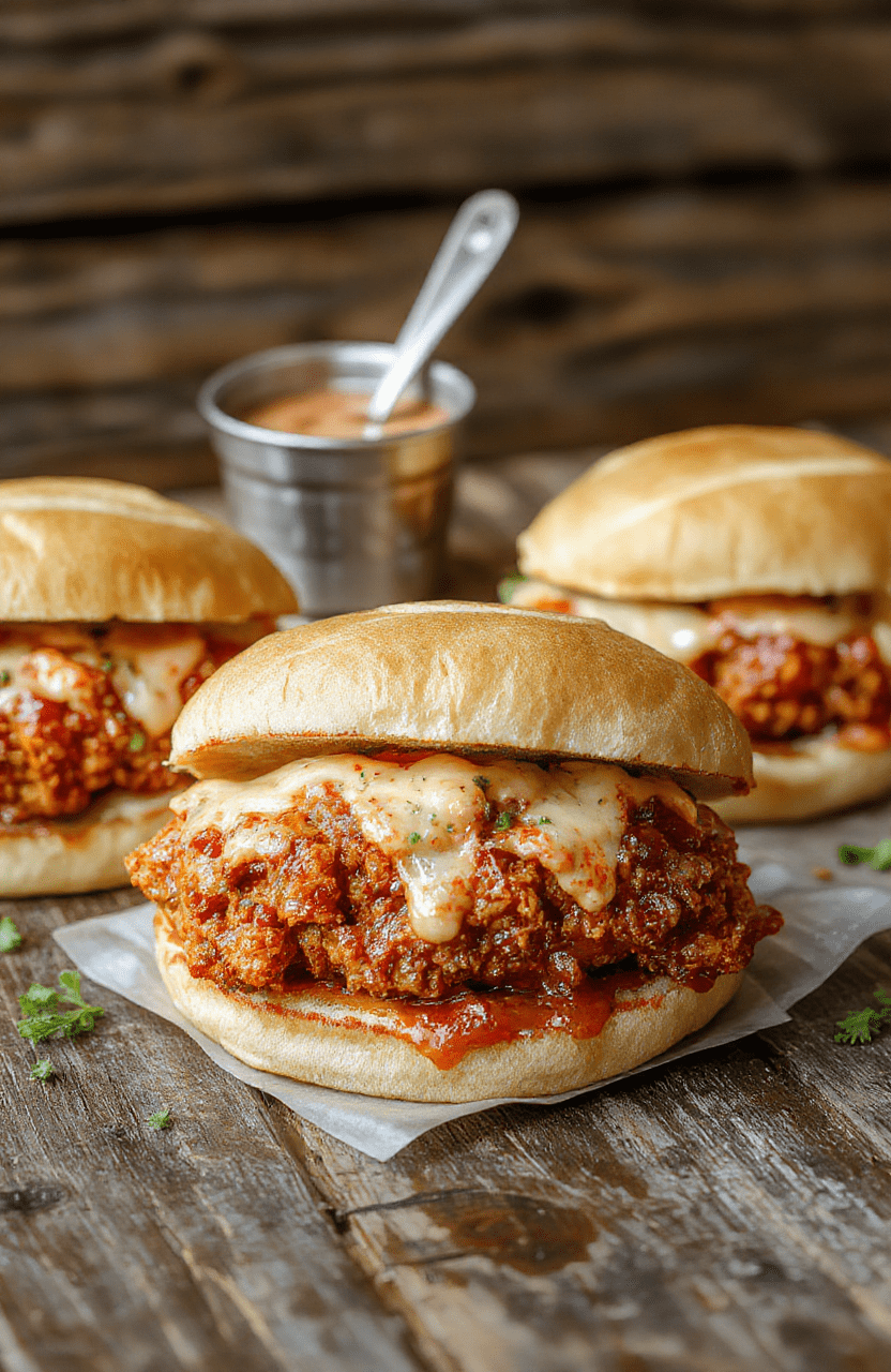 A vibrant spicy Nashville hot chicken sandwich with crispy golden chicken coated in spicy red sauce, topped with crisp pickles and fresh lettuce, served on a toasted bun with a glossy sheen, styled on a rustic wooden board with a hint of red pepper flakes around for a fiery appeal.