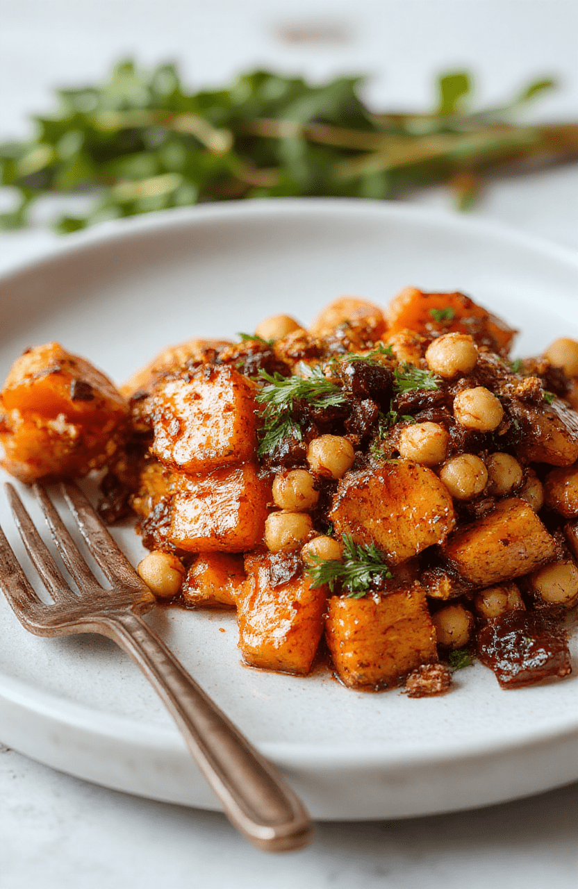 Colorful roasted carrots coated with spices, topped with crispy chickpeas, arranged on a white plate with a rustic wooden background, highlighting textures and vibrant hues, garnished with fresh herbs, styled simply to emphasize the crispy and tender textures.