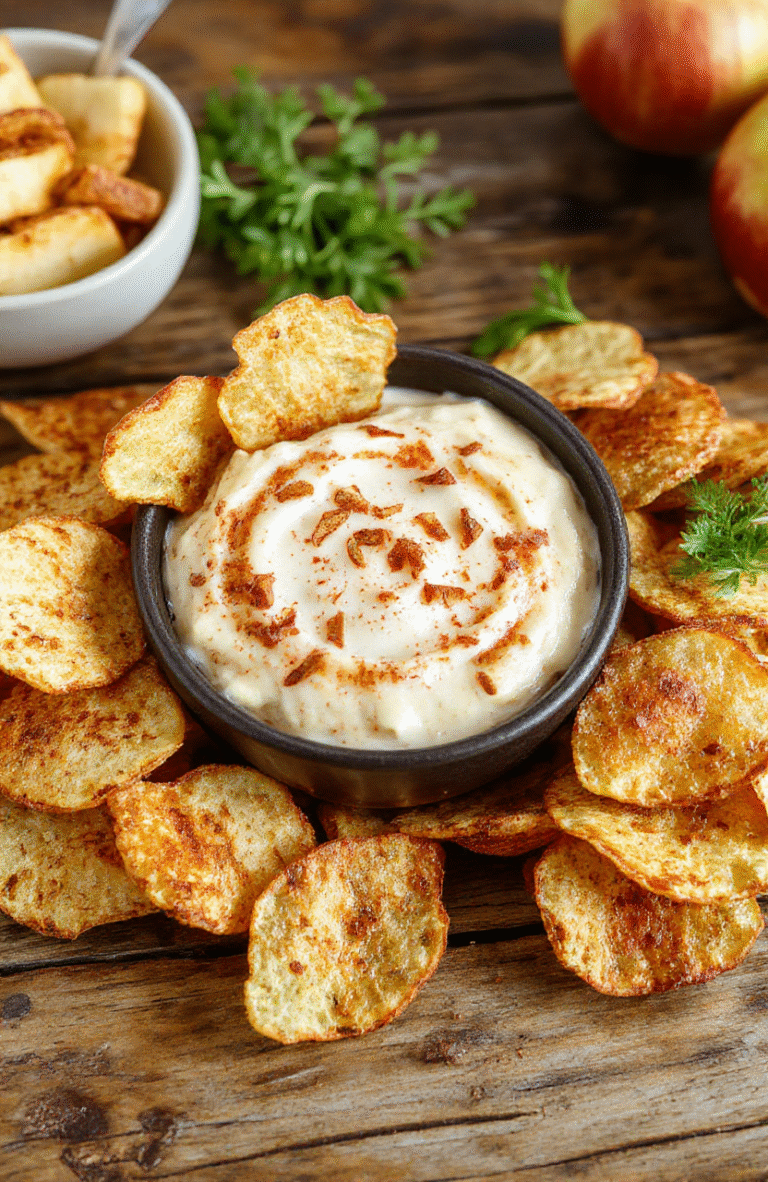 A vibrant white bowl filled with creamy apple dip garnished with a sprinkle of cinnamon, accompanied by crispy cinnamon chips arranged artfully around the bowl, all set on a rustic wooden table with scattered cinnamon and apple slices for a cozy, inviting look.