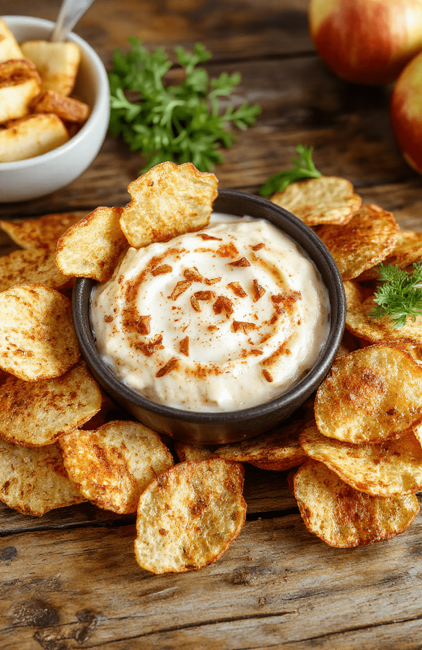 A vibrant white bowl filled with creamy apple dip garnished with a sprinkle of cinnamon, accompanied by crispy cinnamon chips arranged artfully around the bowl, all set on a rustic wooden table with scattered cinnamon and apple slices for a cozy, inviting look.