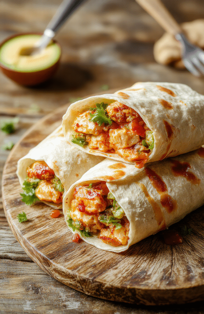 Colorful chicken wraps featuring golden-brown grilled chicken, vibrant red and green chili sauce, fresh crisp lettuce, and soft flour tortillas, arranged neatly on a rustic wooden surface with a hint of spicy garnishes, textured and inviting.