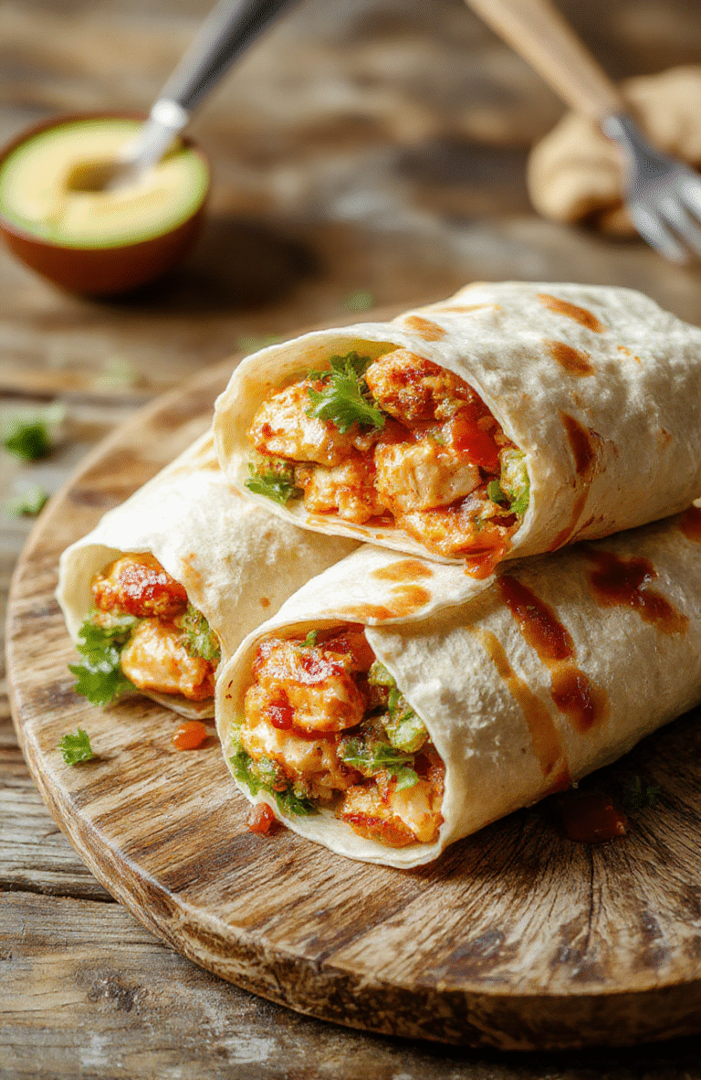 Colorful chicken wraps featuring golden-brown grilled chicken, vibrant red and green chili sauce, fresh crisp lettuce, and soft flour tortillas, arranged neatly on a rustic wooden surface with a hint of spicy garnishes, textured and inviting.