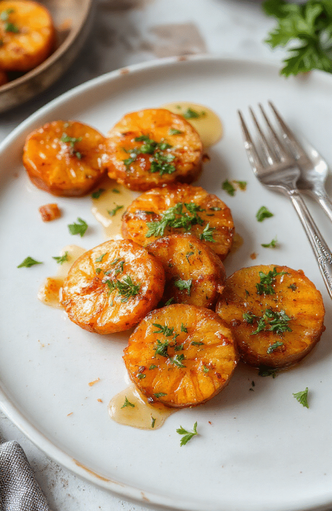 Colorful roasted sweet potato rounds arranged on a rustic white plate, topped with fresh herbs and a drizzle of honey, showcasing their crispy edges and tender interior. The vibrant orange of the sweet potatoes contrasts with green herbs and a light background, styled simply to highlight their texture and caramelization, creating an appealing and appetizing visual.