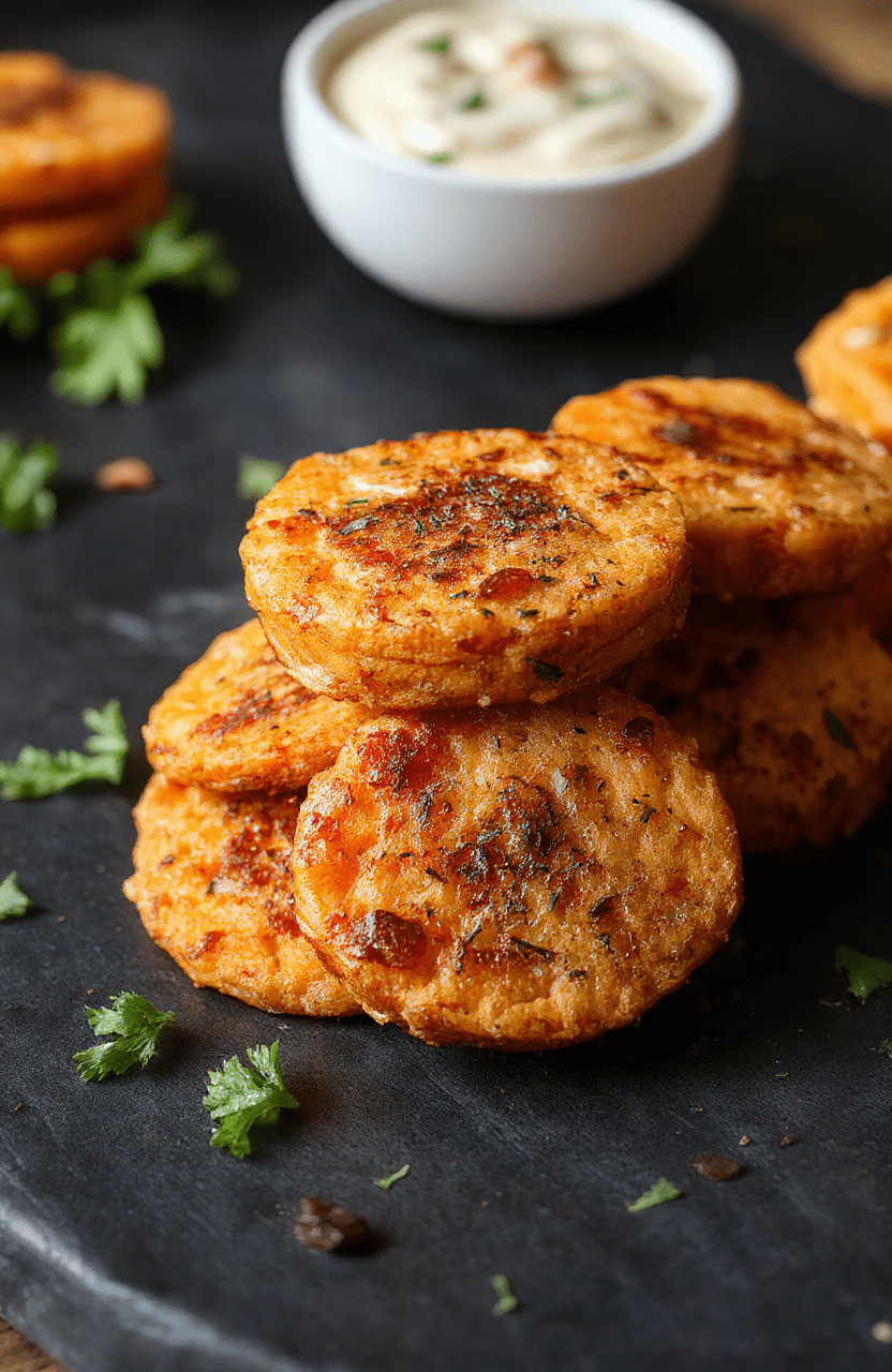 A vibrant plate of golden-brown sweet potato rounds garnished with fresh herbs, styled with a rustic wooden table background, highlighting their crispy texture and colorful seasoning, topped with a drizzle of sauce and sprinkled with herbs for an inviting, appetizing presentation.