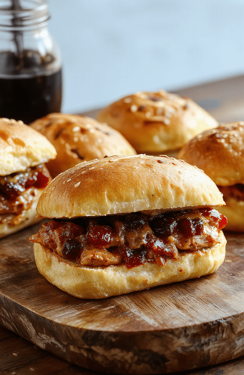 A vibrant plate of turkey cranberry sliders arranged neatly on a rustic wooden serving board. Each slider features a golden toasted bun filled with sliced roasted turkey, a dollop of bright red cranberry sauce, melted cheese, and fresh greens. The background showcases a festive holiday table with subtle winter decor. The textures of the juicy turkey, glossy cranberry, and crispy bun create an inviting and appetizing scene.