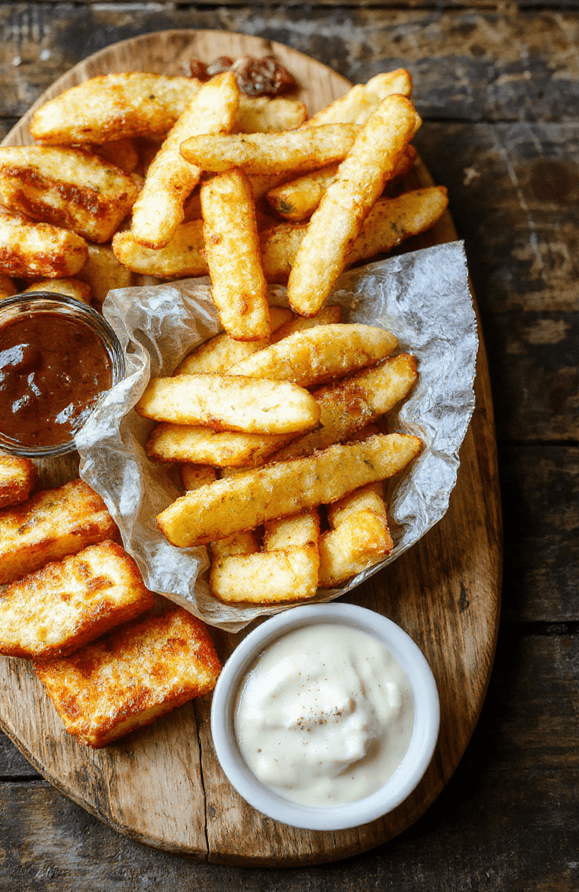 A colorful French fry board featuring golden crispy fries arranged in a stylish wooden tray, garnished with herbs, dipping sauces, and side toppings, styled on a rustic surface with vibrant ingredients.