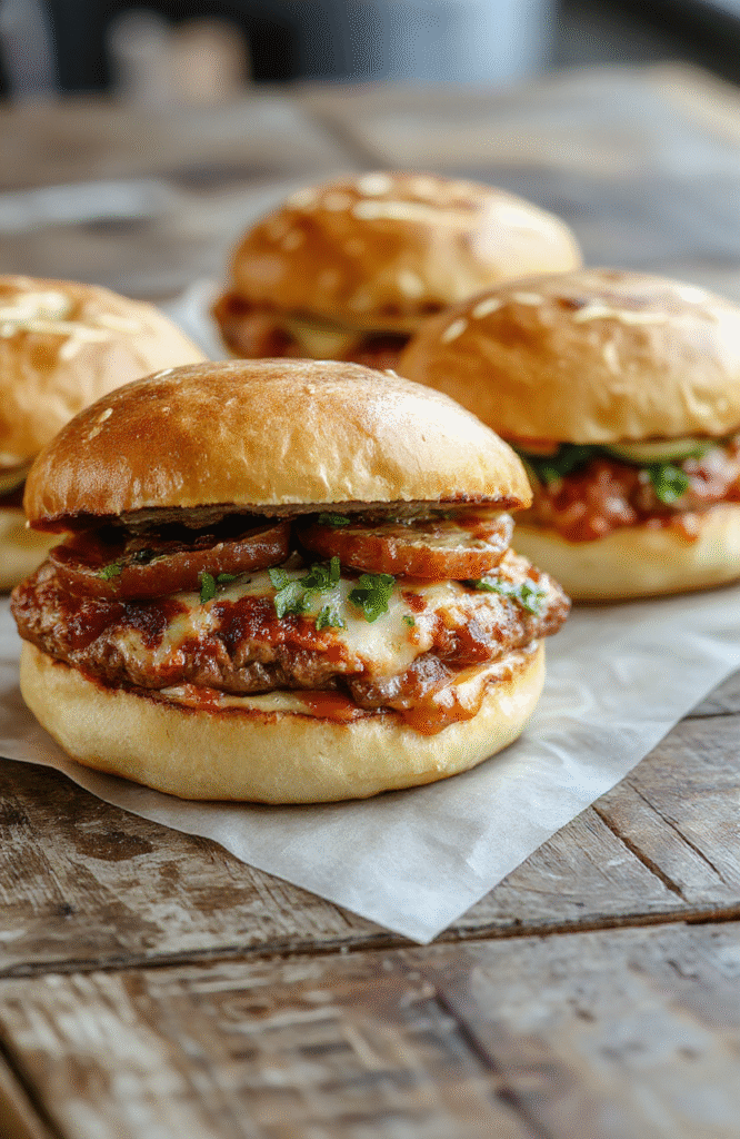 A plate of golden-brown pizza burgers topped with melted cheese, fresh basil, and sliced tomatoes on a rustic wooden surface styled with vibrant colors, textures of crispy bun and gooey cheese, garnished with herbs, styled to look appetizing and inviting.