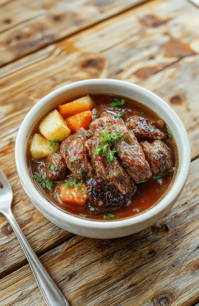 A vibrant bowl filled with grilled steak slices, crisp cilantro leaves, fresh lime wedges, and colorful vegetables, arranged attractively on a rustic wooden table. The dish has a mix of tender meat textures with bright green herbs and zesty lime accents, garnished with sesame seeds and sliced avocado, styled simply for an inviting, mouthwatering presentation.