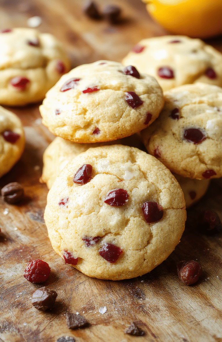 A plate of vibrant orange and deep red cranberry cookies arranged on a rustic wooden table. The cookies are golden brown with a slightly crumbly texture, speckled with bright orange zest and dried cranberries. The background features a fall-themed table setting with subtle autumn accents, highlighting the holiday festive appeal.