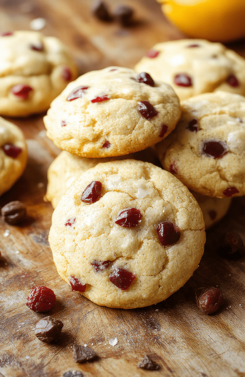 A plate of vibrant orange and deep red cranberry cookies arranged on a rustic wooden table. The cookies are golden brown with a slightly crumbly texture, speckled with bright orange zest and dried cranberries. The background features a fall-themed table setting with subtle autumn accents, highlighting the holiday festive appeal.