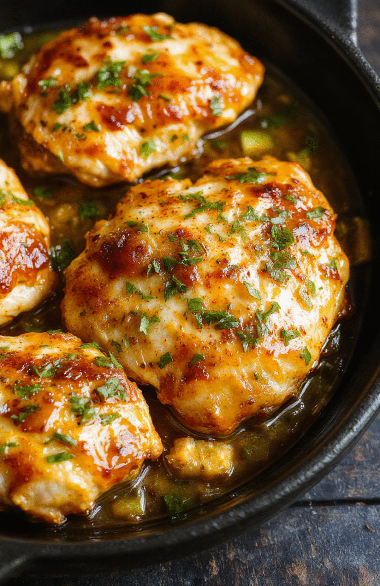 Vibrant golden brown chicken breasts topped with sliced green pepperoncini peppers and fresh herbs, served on a rustic white plate. The chicken glistens with zesty sauce, surrounded by colorful roasted vegetables. The dish is styled simply on a dark wooden surface, highlighting the bright green and yellow peppers against the juicy chicken. Elegant but approachable, perfect for a satisfying weeknight dinner.