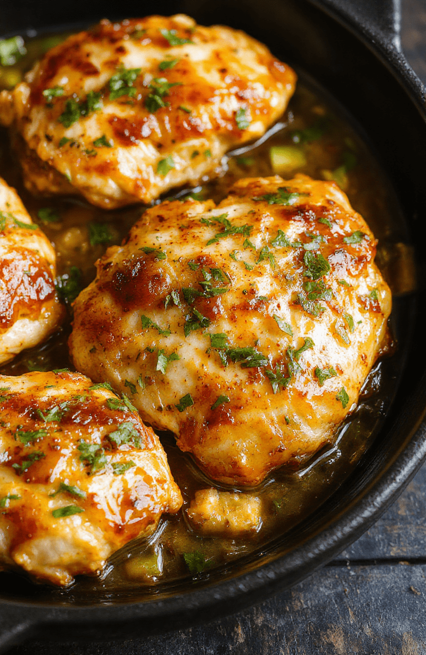 Vibrant golden brown chicken breasts topped with sliced green pepperoncini peppers and fresh herbs, served on a rustic white plate. The chicken glistens with zesty sauce, surrounded by colorful roasted vegetables. The dish is styled simply on a dark wooden surface, highlighting the bright green and yellow peppers against the juicy chicken. Elegant but approachable, perfect for a satisfying weeknight dinner.