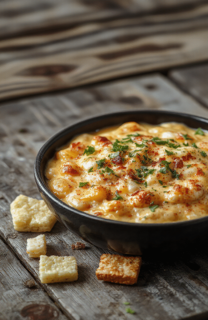 A vibrant bowl of hot crack corn dip featuring golden, crispy popcorn coated in cheesy, spicy sauce. The dip is garnished with chopped green onions and served in a rustic dish, with a background of seasonal decor and a warm ambiance, highlighting the crunchy texture and cheesy appeal.