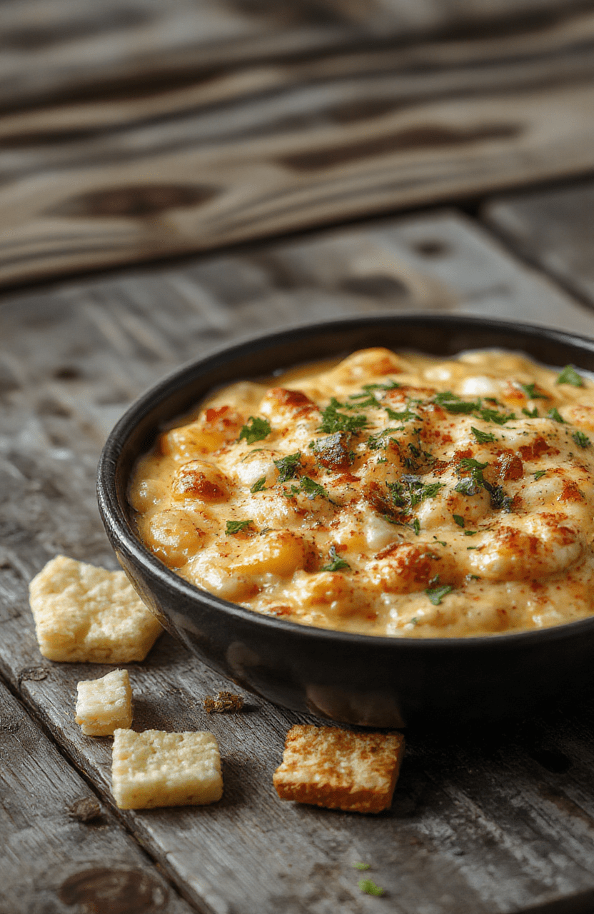 A vibrant bowl of hot crack corn dip featuring golden, crispy popcorn coated in cheesy, spicy sauce. The dip is garnished with chopped green onions and served in a rustic dish, with a background of seasonal decor and a warm ambiance, highlighting the crunchy texture and cheesy appeal.