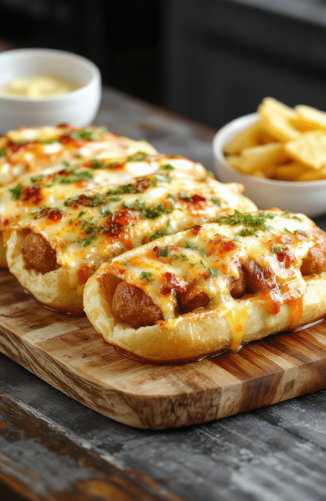 A vibrant plate featuring crispy golden air fryer grilled cheese hot dogs with melted cheese oozing from the buns, garnished with fresh herbs, served on a rustic wooden platter in natural daylight