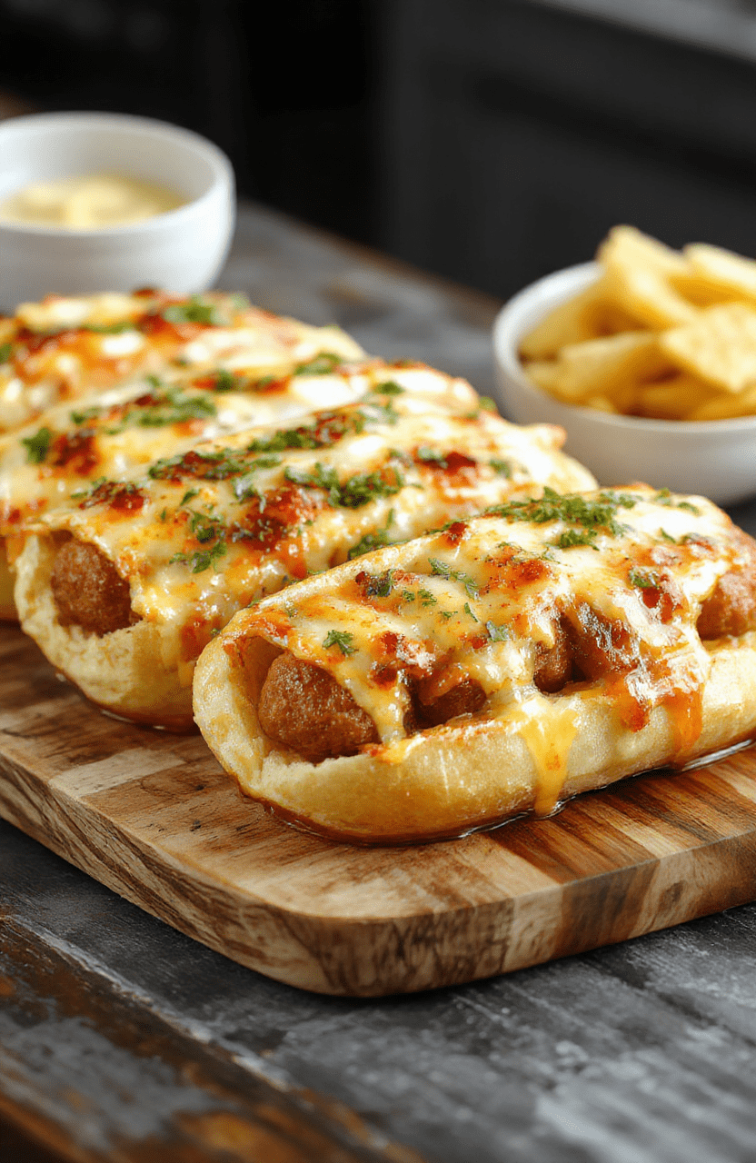 A vibrant plate featuring crispy golden air fryer grilled cheese hot dogs with melted cheese oozing from the buns, garnished with fresh herbs, served on a rustic wooden platter in natural daylight