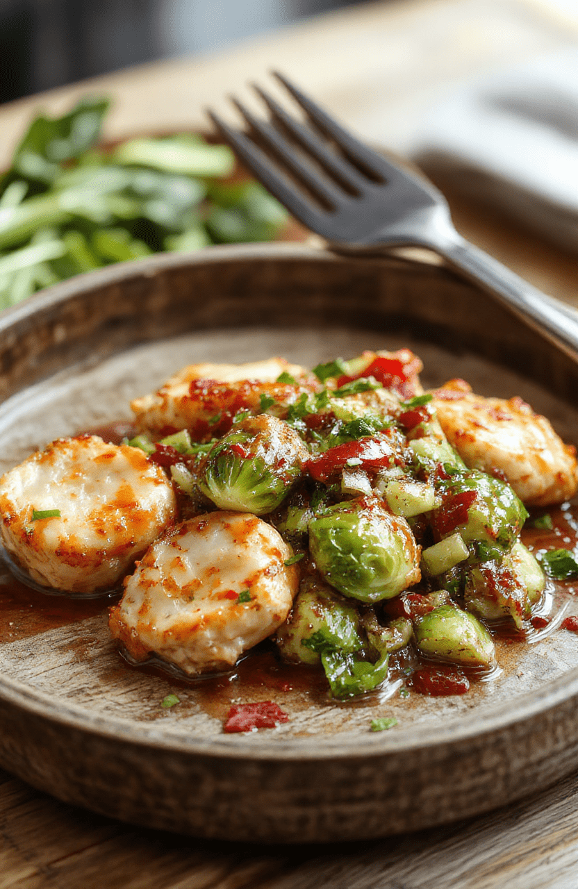 Colorful dish featuring golden-brown sweet chili glazed chicken pieces arranged alongside vibrant roasted Brussels sprouts on a rustic wooden plate, garnished with fresh herbs. The textures of crispy chicken contrasting with tender, caramelized sprouts create an appetizing scene, styled in natural light highlighting the glossy glaze and fresh ingredients.