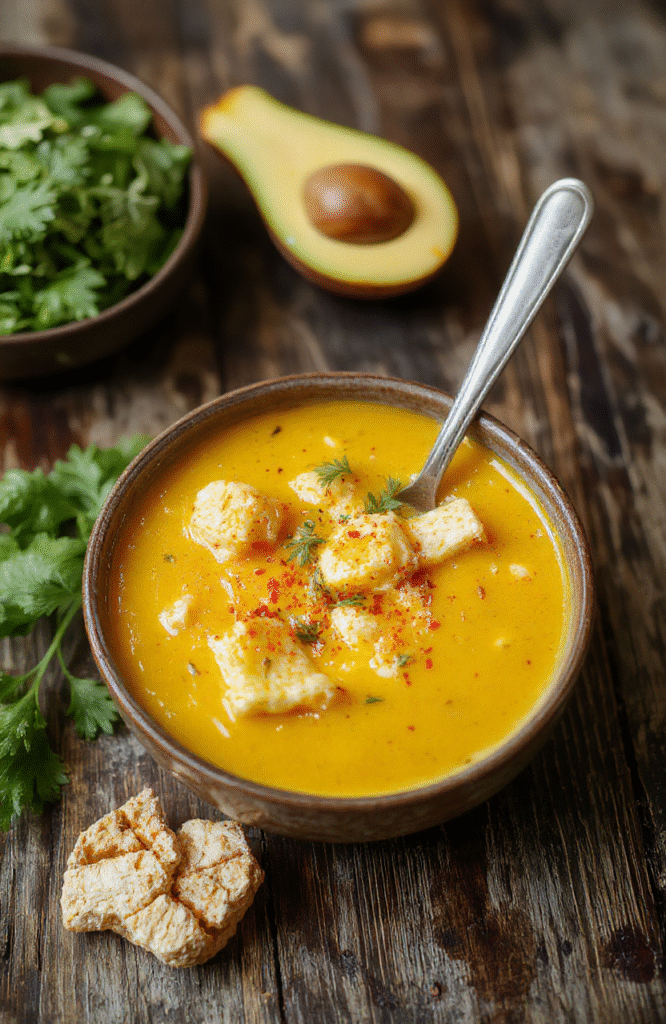 A vibrant bowl of turmeric chicken soup featuring chunks of tender chicken, bright yellow turmeric-infused broth, fresh herbs, and vegetables, elegantly plated with a rustic spoon on a wooden surface, garnished with cilantro and lemon slices, showcasing warm hues and inviting textures.