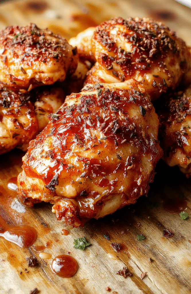 Golden baked chicken coated with a crispy, crunchy breadcrumb crust topped with a glossy, spicy honey glaze. The plate is garnished with fresh herbs and red pepper flakes, showcasing textures of crispiness and the vibrant amber glaze against a neutral background. The presentation is inviting, emphasizing the texture contrasts and the appealing color palette of golden brown and fiery red.
