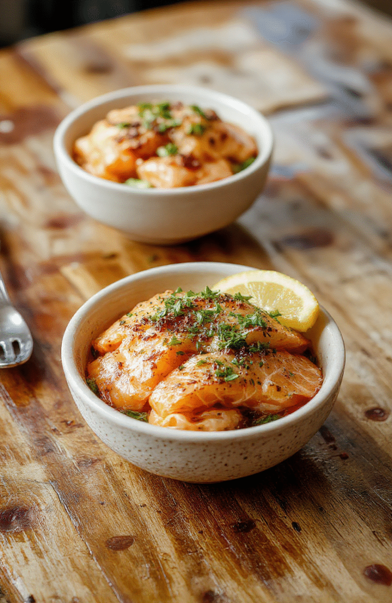 A vibrant, colorful bowl featuring perfectly glazed salmon bites atop a bed of fluffy rice, garnished with chopped green onions, sesame seeds, and drizzled with a spicy, creamy bang bang sauce. The bowl is styled on a rustic wooden table with fresh ingredients around, highlighting textures and layers of flavor.