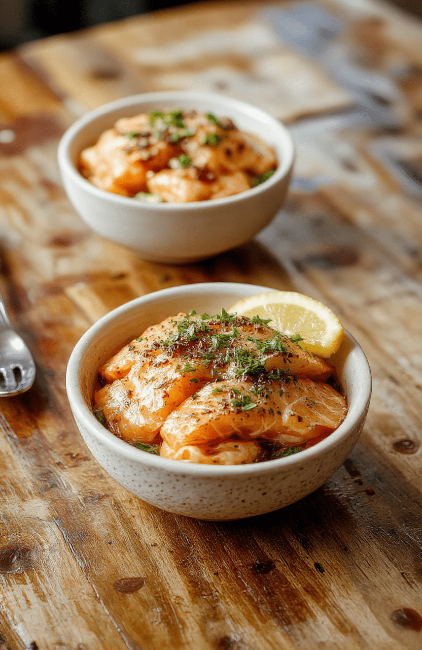 A vibrant, colorful bowl featuring perfectly glazed salmon bites atop a bed of fluffy rice, garnished with chopped green onions, sesame seeds, and drizzled with a spicy, creamy bang bang sauce. The bowl is styled on a rustic wooden table with fresh ingredients around, highlighting textures and layers of flavor.