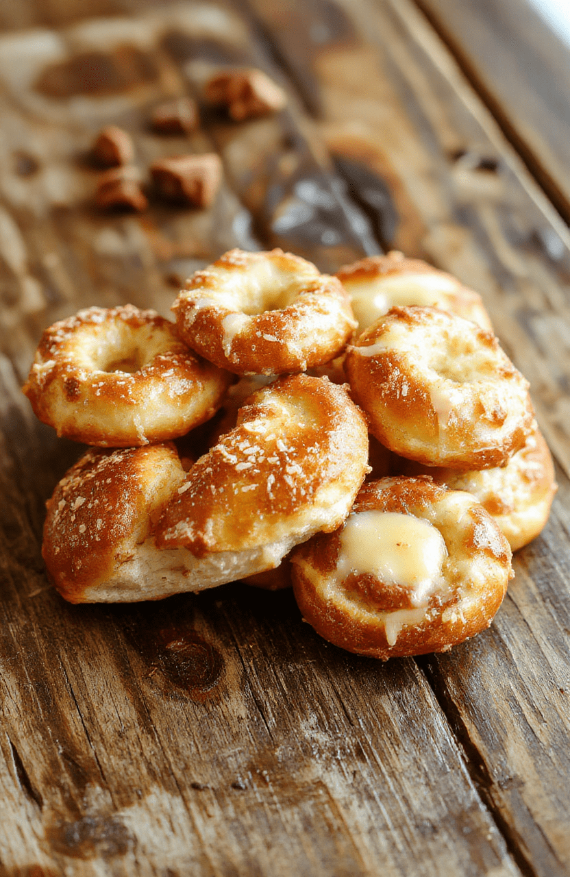 Golden brown buttery pretzel bites arranged on a rustic wooden board, sprinkled with coarse salt, with a soft-textured interior visible. The bites are glistening slightly, hinting at their buttery coating, with a blurred background of a casual kitchen setting.