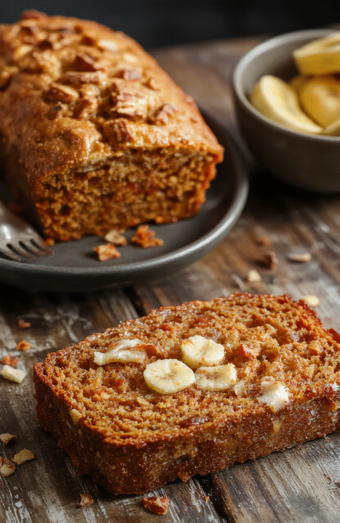 A sliced banana bread topped with grated orange carrots and a drizzling of glaze, presented on a rustic wooden board with a cheerful, cozy ambiance. The bread looks moist with visible carrot shreds, golden crust, and a soft interior, styled with fresh carrot slices and walnuts for a vibrant and inviting visual.