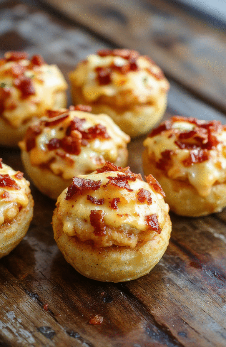 Golden-brown crispy tater tot cups filled with melted cheese, crumbled crispy bacon, and green onions, served on a white plate with a rustic wooden background, highlighting their gooey, savory textures and vibrant toppings.