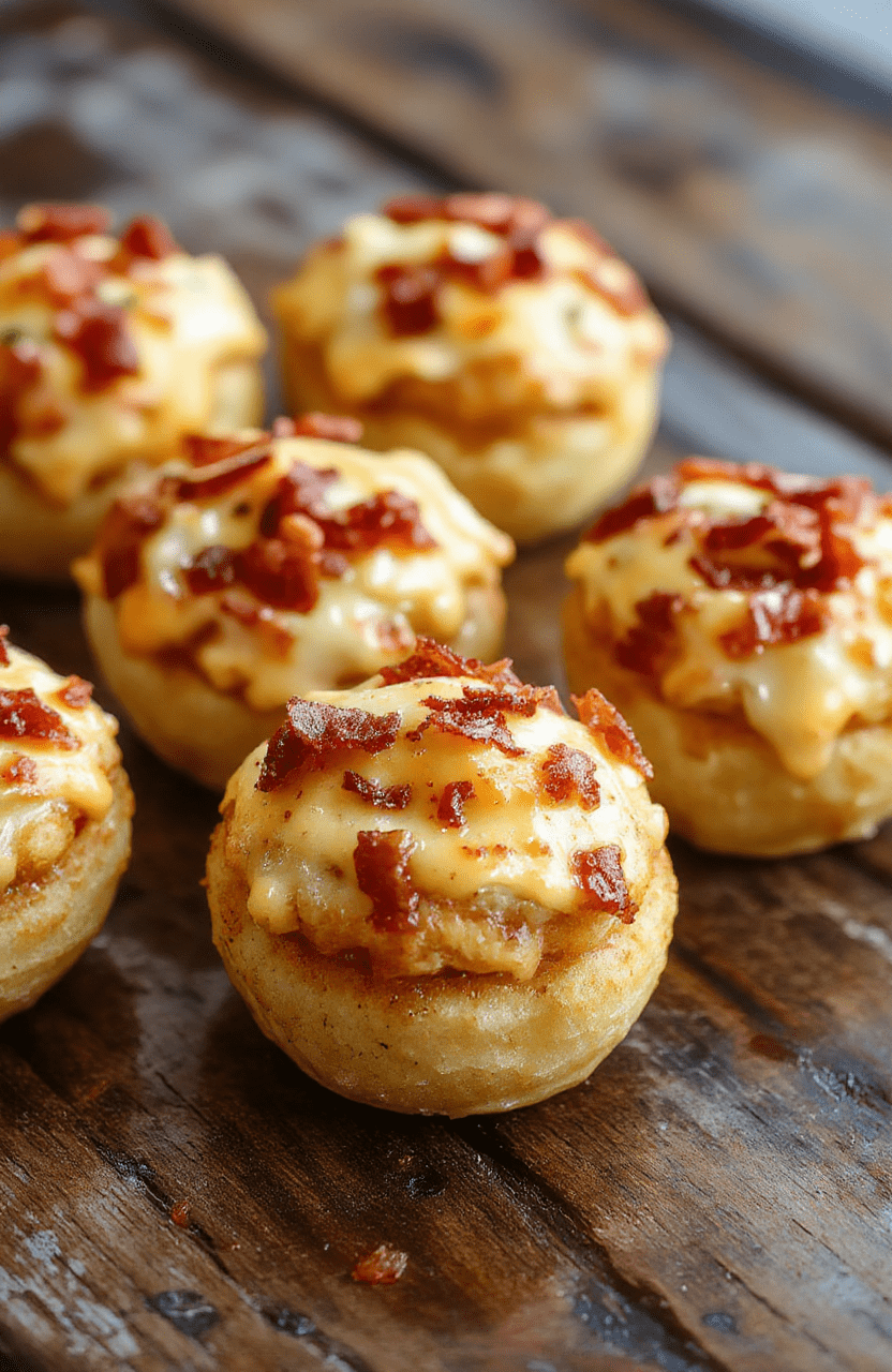 Golden-brown crispy tater tot cups filled with melted cheese, crumbled crispy bacon, and green onions, served on a white plate with a rustic wooden background, highlighting their gooey, savory textures and vibrant toppings.
