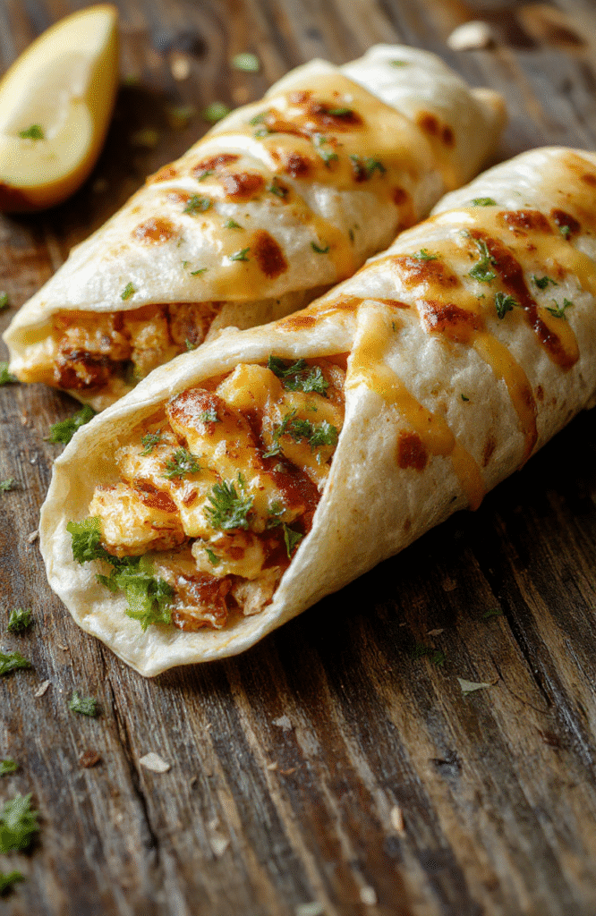 A close-up of golden-brown chicken wraps filled with melted cheese and fresh garlic, sliced to reveal gooey cheese and juicy chicken, arranged on a rustic white plate with a sprig of parsley, textured fabric background, vibrant colors, appetizing textures.