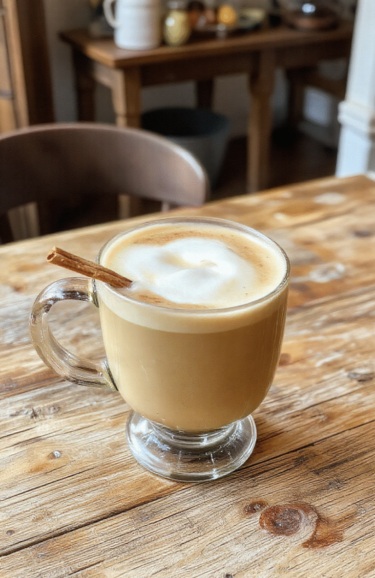 A warm vanilla cinnamon latte in a clear glass mug, topped with whipped cream and a sprinkle of cinnamon, set on a rustic wooden table with a soft blurred background featuring coffee beans and a cinnamon stick, showcasing rich caramel tones and creamy textures.