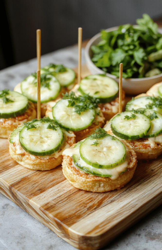 A platter of vibrant cucumber sandwiches with thinly sliced cucumbers layered with cream cheese on toasted bread, garnished with fresh herbs and a sprinkle of black pepper. The sandwiches are neatly cut into small rectangles, showcasing their creamy filling and crisp texture. The presentation is casual yet elegant, with a neutral background and natural lighting highlighting the freshness and vivid green colors of the cucumbers.