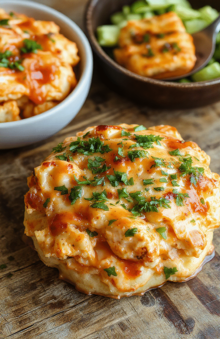 A creamy buffalo chicken cauliflower casserole served in a white ceramic dish dusted with chopped green herbs, topped with melted cheese and crispy golden cauliflower florets, vibrant orange buffalo sauce streaked across the surface, styled with fresh herbs for garnish, set on a rustic wooden table, inviting and hearty.