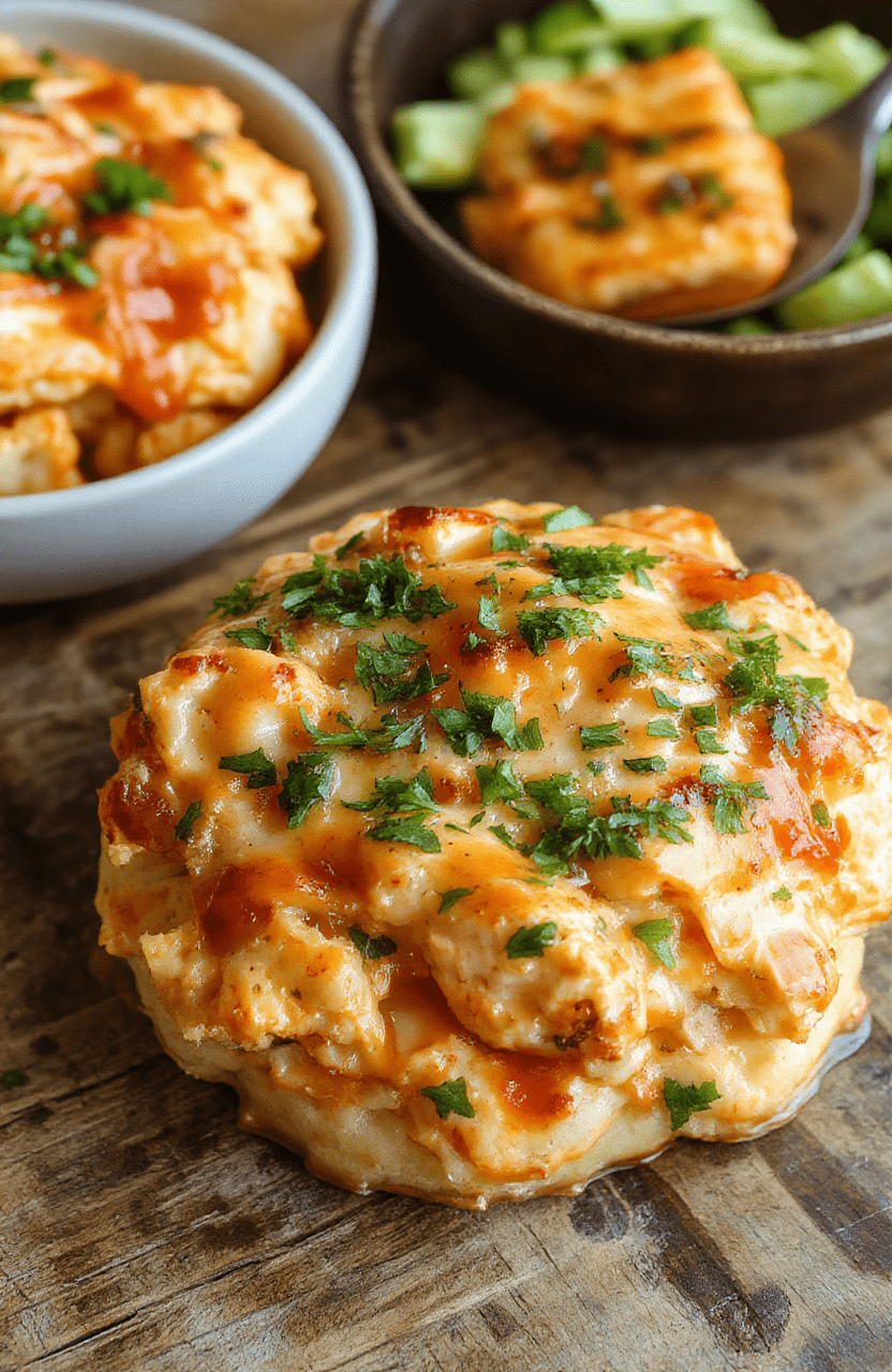 A creamy buffalo chicken cauliflower casserole served in a white ceramic dish dusted with chopped green herbs, topped with melted cheese and crispy golden cauliflower florets, vibrant orange buffalo sauce streaked across the surface, styled with fresh herbs for garnish, set on a rustic wooden table, inviting and hearty.