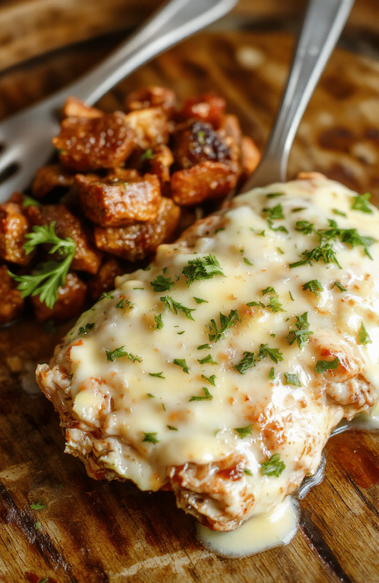 A close-up shot of a juicy garlic butter chicken fillet topped with fresh herbs, served on a white plate with a golden-brown crust, surrounded by melted butter and minced garlic, garnished with parsley, with a rustic wooden table background showing hints of herbs and a creamy sauce drizzle.