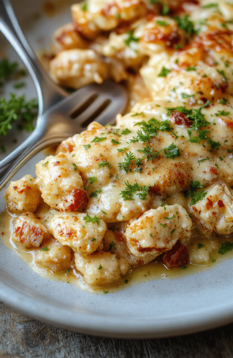 A creamy chicken casserole in a white ceramic dish topped with melted cheese and fresh herbs. The casserole features tender shredded chicken, spinach, and a rich, velvety sauce. The dish is styled on a rustic wooden table with a side of green salad, captured in natural daylight, highlighting the textures and warm tones of the baked cheese and vegetables.