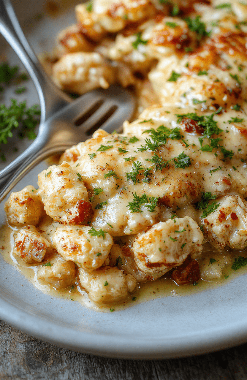 A creamy chicken casserole in a white ceramic dish topped with melted cheese and fresh herbs. The casserole features tender shredded chicken, spinach, and a rich, velvety sauce. The dish is styled on a rustic wooden table with a side of green salad, captured in natural daylight, highlighting the textures and warm tones of the baked cheese and vegetables.