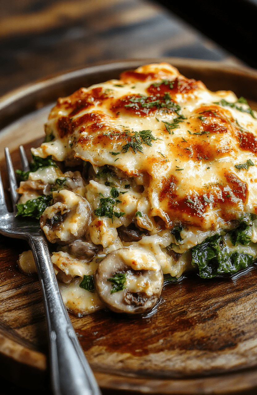 A vibrant, steaming slice of mushroom and spinach lasagna on a rustic wooden plate, topped with melted cheese and fresh basil, with a side of mixed greens. The dish showcases layers of tender mushrooms, bright green spinach, and golden-brown cheese, styled simply with natural sunlight highlighting the textures and colors.